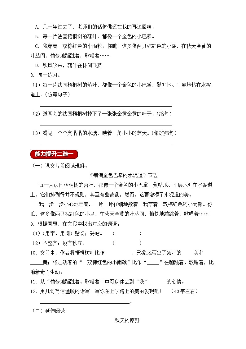 【教-学-评一体】统编版语文三年级上册-5. 铺满金色巴掌的水泥道 两课时（课件+教案+学案+习题）02
