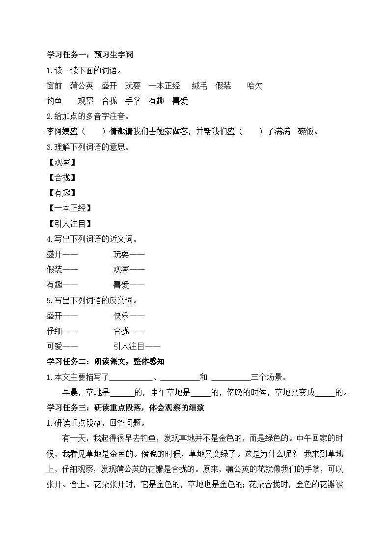 【教-学-评一体】统编版语文三年级上册-16. 金色的草地 两课时（课件+教案+学案+习题）02
