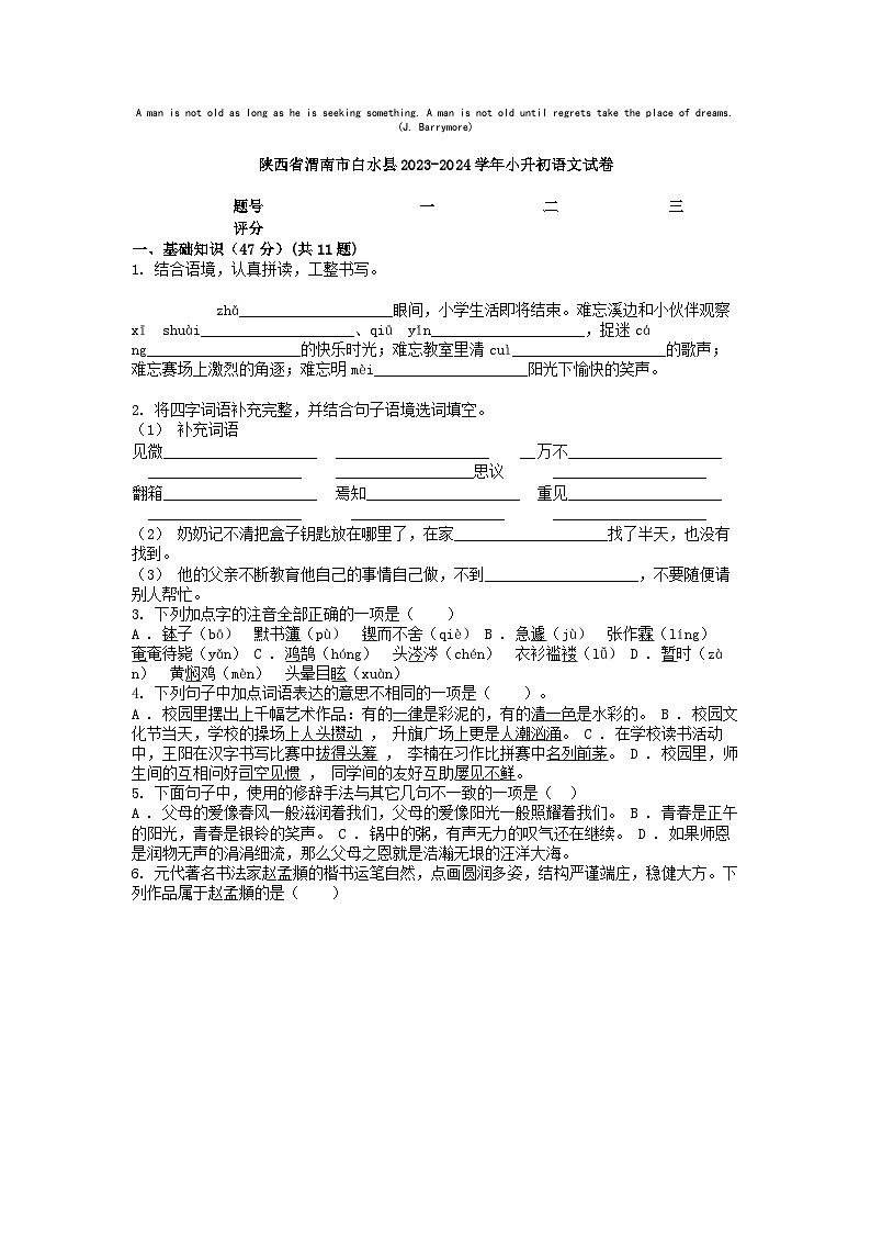 [语文]陕西省渭南市白水县2023-2024学年小升初真题语文试卷01