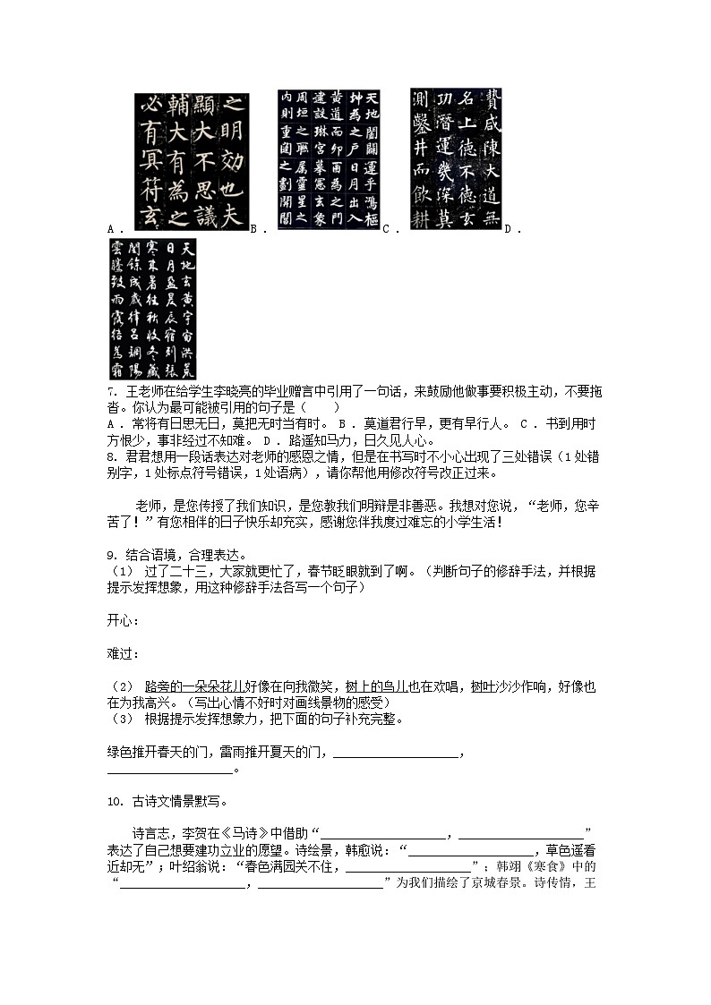 [语文]陕西省渭南市白水县2023-2024学年小升初真题语文试卷02
