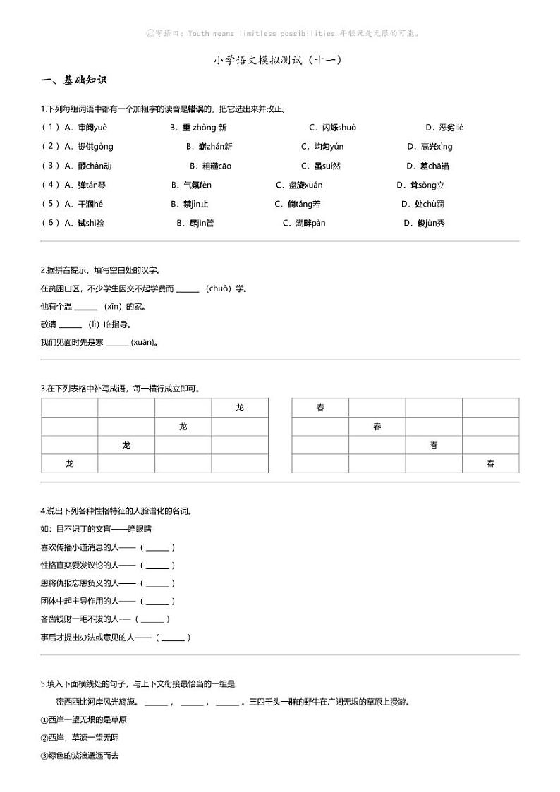 2025小学语文系统总复习 模拟测试（十一）01