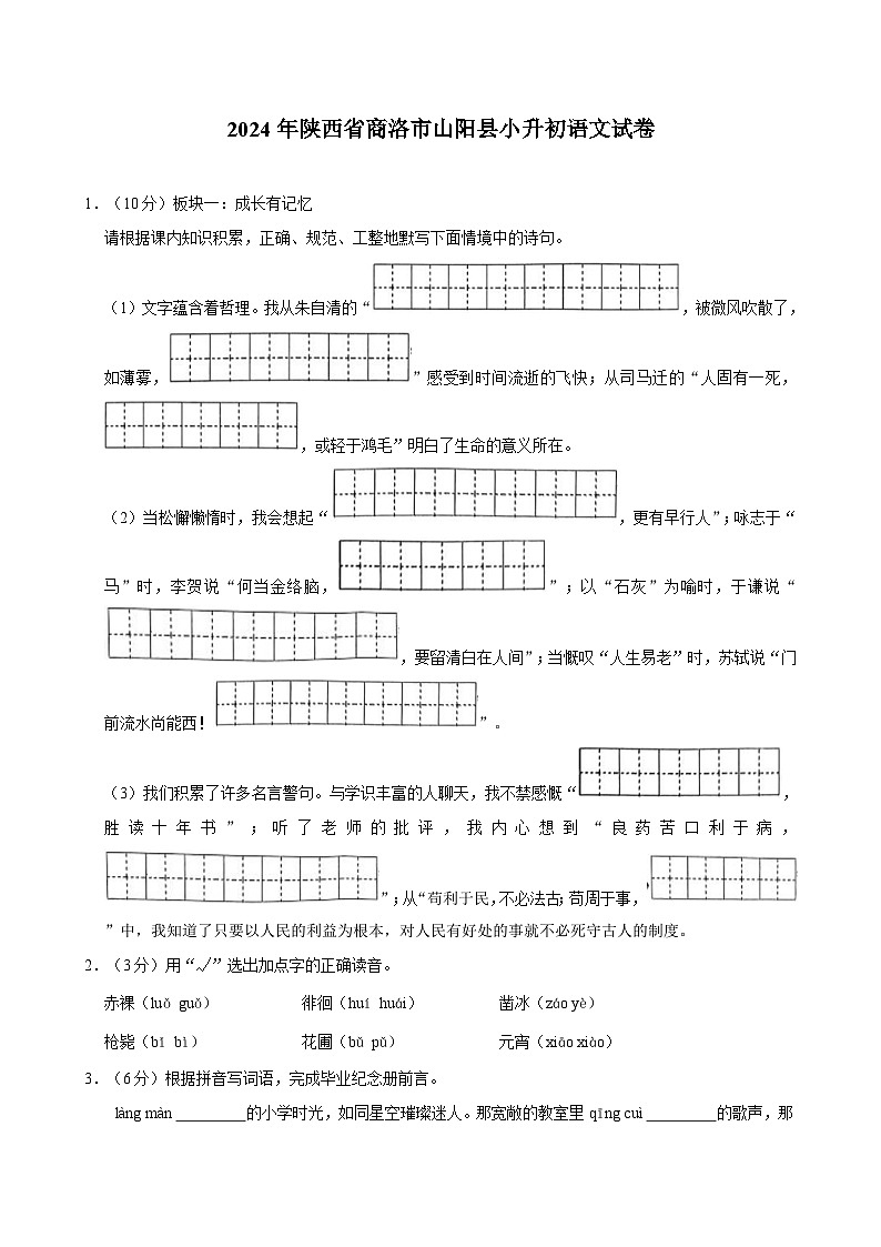 2024年陕西省商洛市山阳县小升初语文试卷01