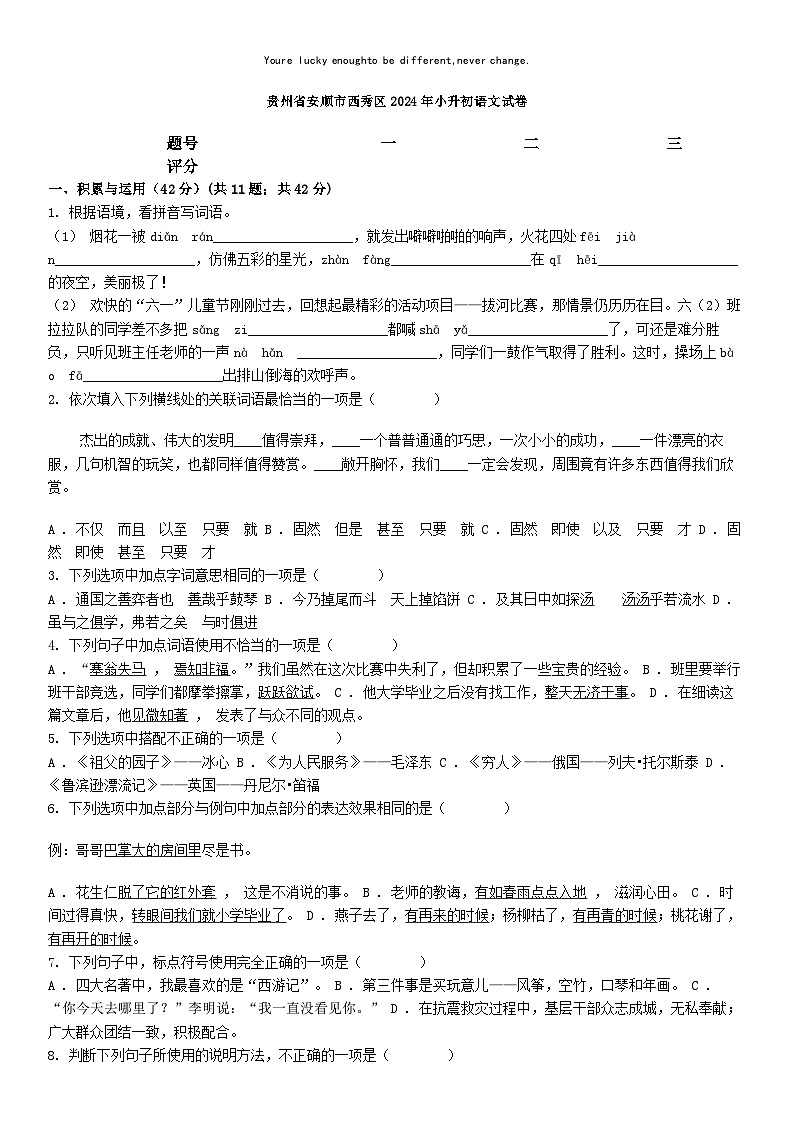 [语文]贵州省安顺市西秀区2024年小升初真题语文试卷01
