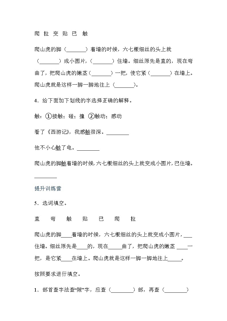 四年级上册语文-10爬山虎的脚 第1课时（人教部编版，含答案）【当堂达标题】02