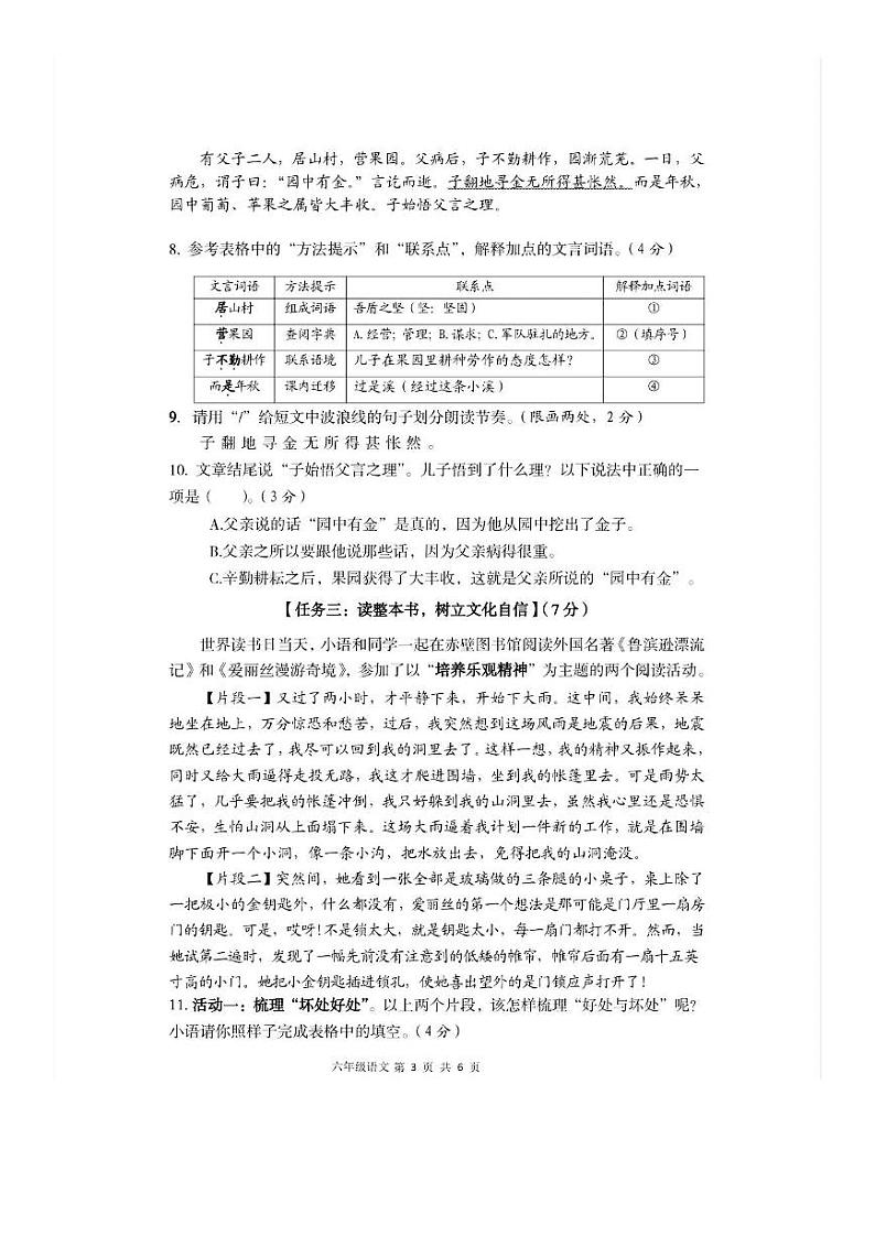 湖北省咸宁市赤壁市2023-2024学年六年级下学期期末语文试题第3页