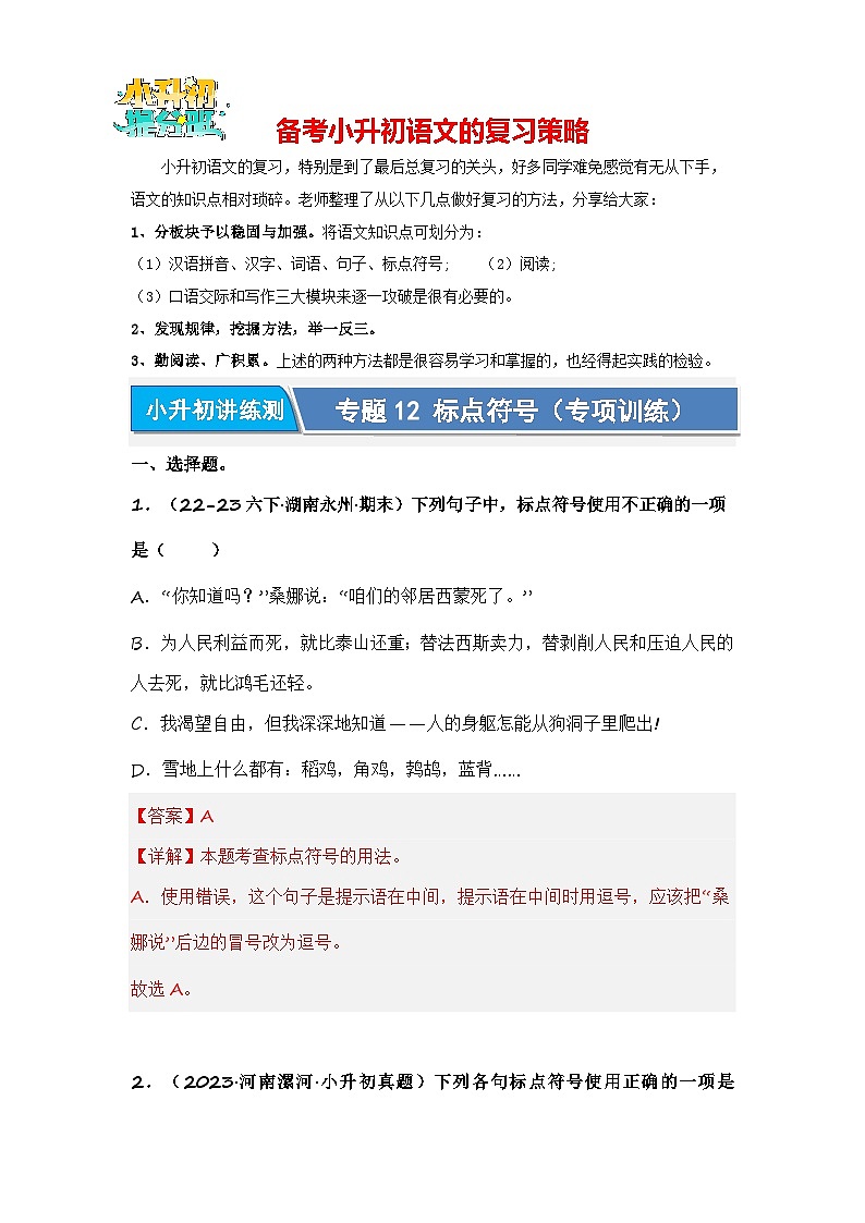 专题12 标点符号（专项训练）（解析版）第1页