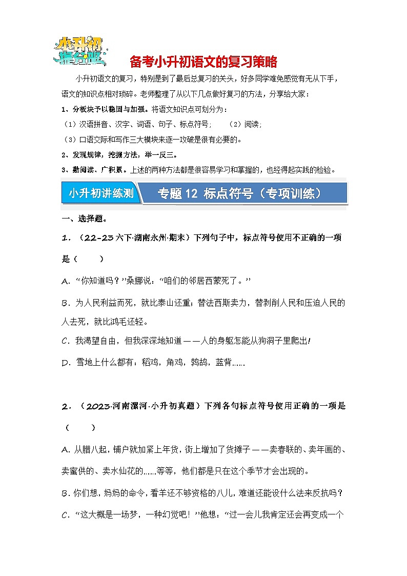 专题12 标点符号（专项训练）（试题版）第1页