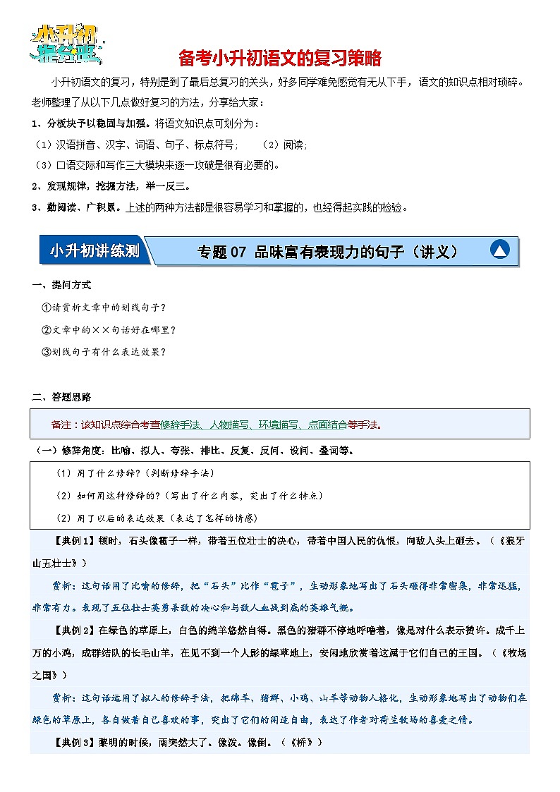 专题07 品味富有表现力的句子（讲义）-2024年小升初语文复习讲义（统编版）第1页
