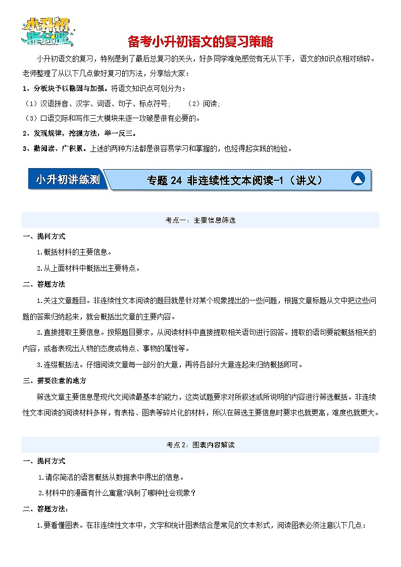 专题24 非连续性文本阅读-1（讲义）-2024年小升初语文复习讲义（统编版）01