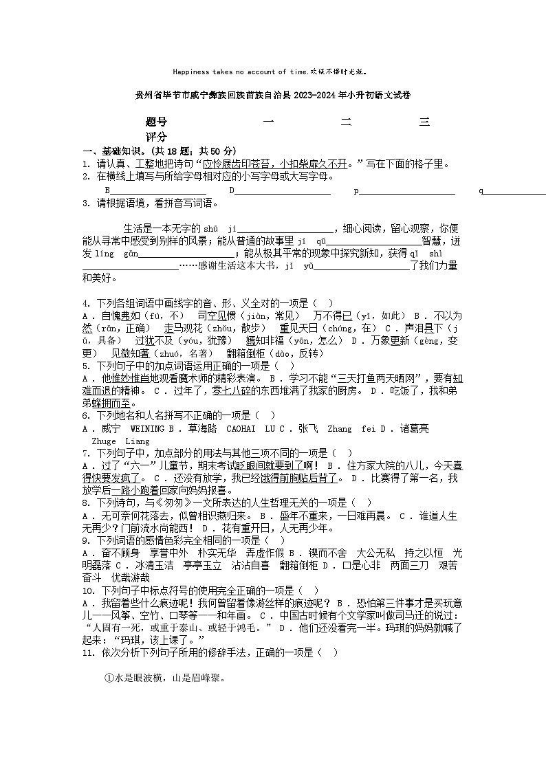 [语文]贵州省毕节市威宁彝族回族苗族自治县2023-2024年小升初真题语文试卷第1页