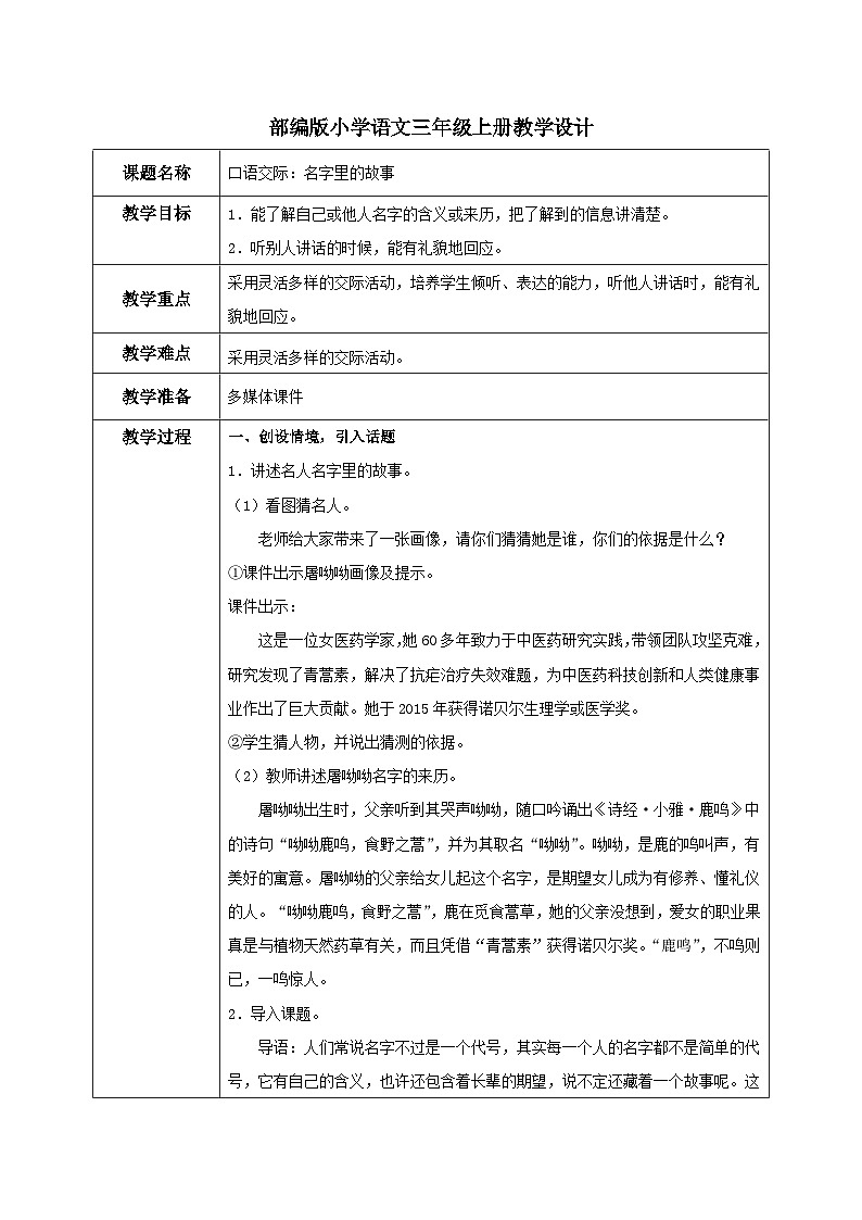 部编版小学语文三上第4单元口语交际：名字里的故事课件+教案01