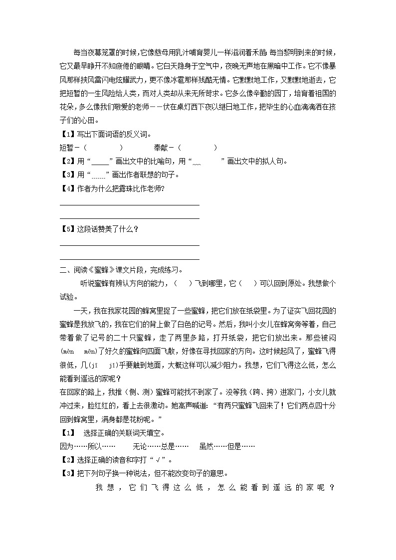 【暑假阅读】部编版三升四现代文阅读衔接讲义 专题03 理解文中重要的词语（有答案解析）02
