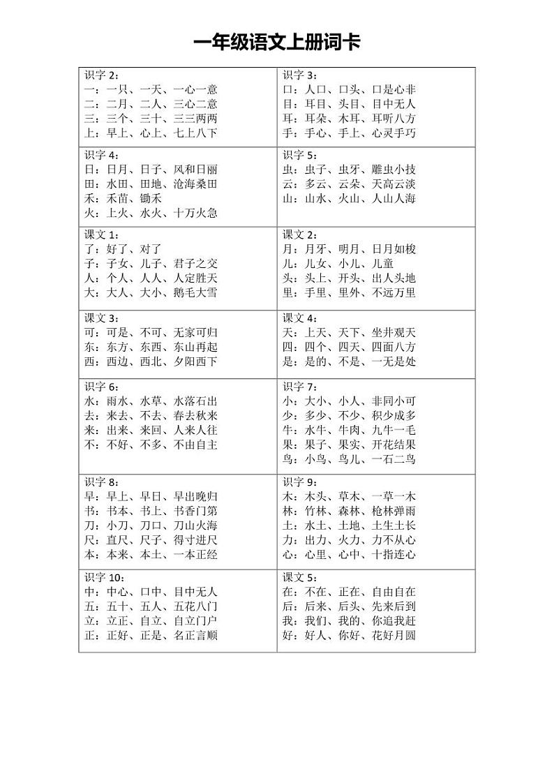 一年级语文上册词卡01