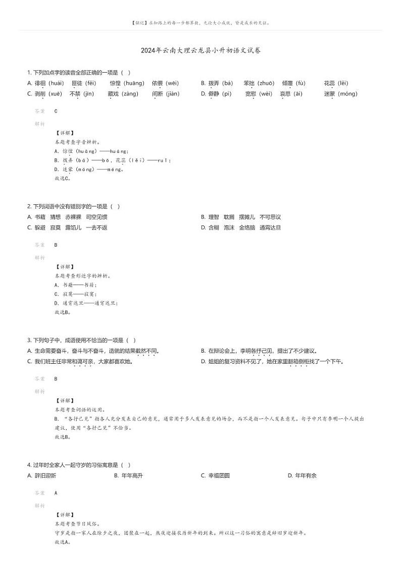 [语文]2024年云南大理云龙县小升初语文试卷解析版第1页