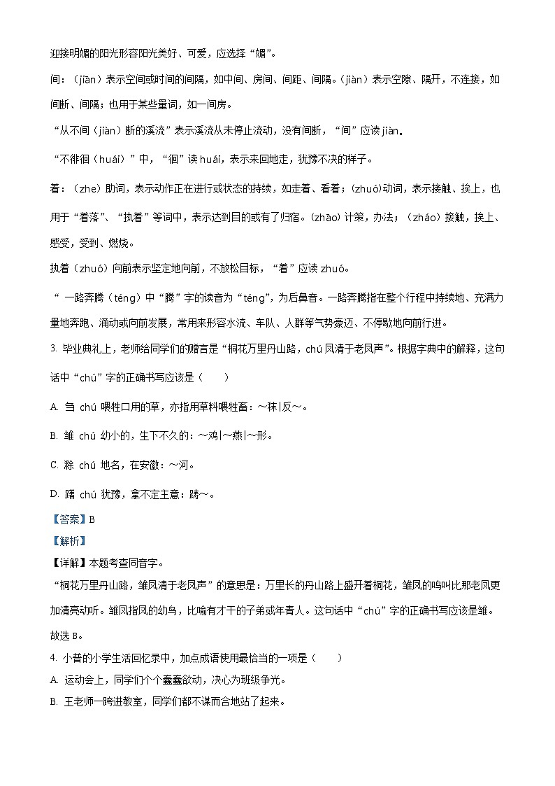 浙江省舟山市普陀区2024年统编版小升初考试语文试卷（原卷版+解析版）02