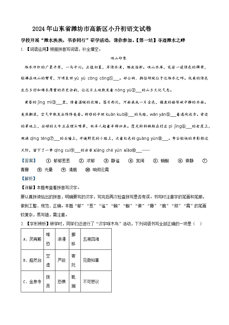 山东省潍坊市高新区2024年统编版小升初考试语文试卷（原卷版+解析版）01