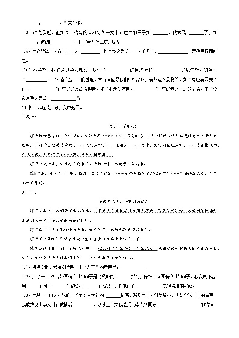 山东省菏泽市鄄城县2024年统编版小升初考试语文试卷（原卷版+解析版）03