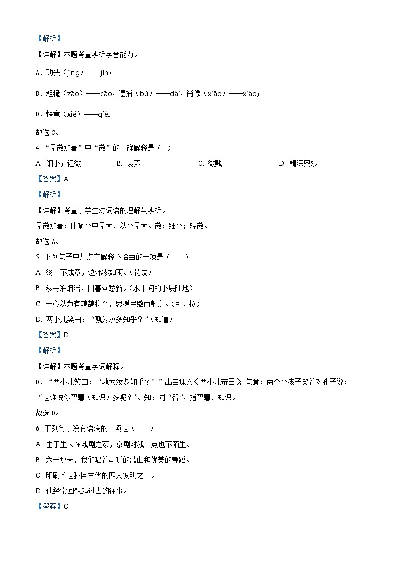 山东省菏泽市鄄城县2024年统编版小升初考试语文试卷（原卷版+解析版）02