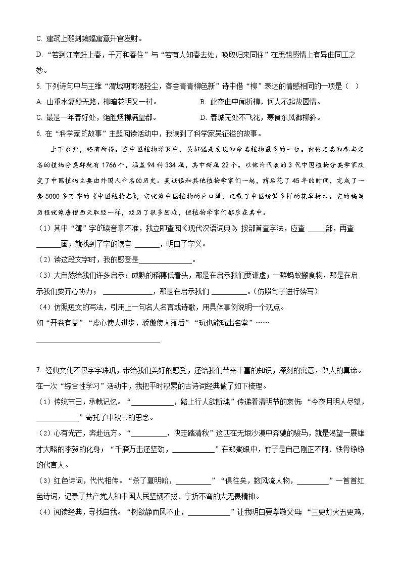 山东省德州市齐河县2024年统编版小升初考试语文试卷（原卷版+解析版）02