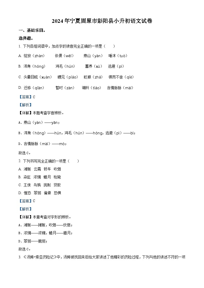 宁夏回族自治区固原市彭阳县2024年统编版小升初考试语文试卷（原卷版+解析版）01