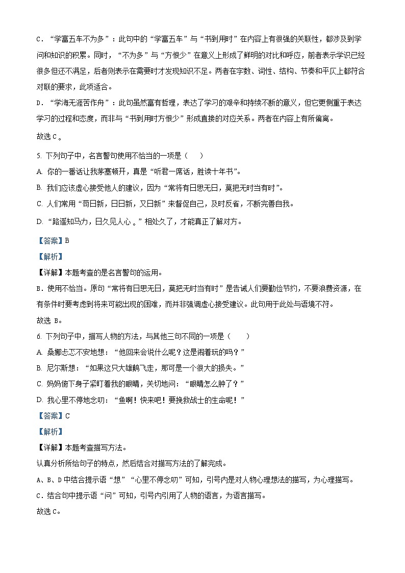 广东省梅州市兴宁市2024年统编版小升初考试语文试卷（原卷版+解析版）03