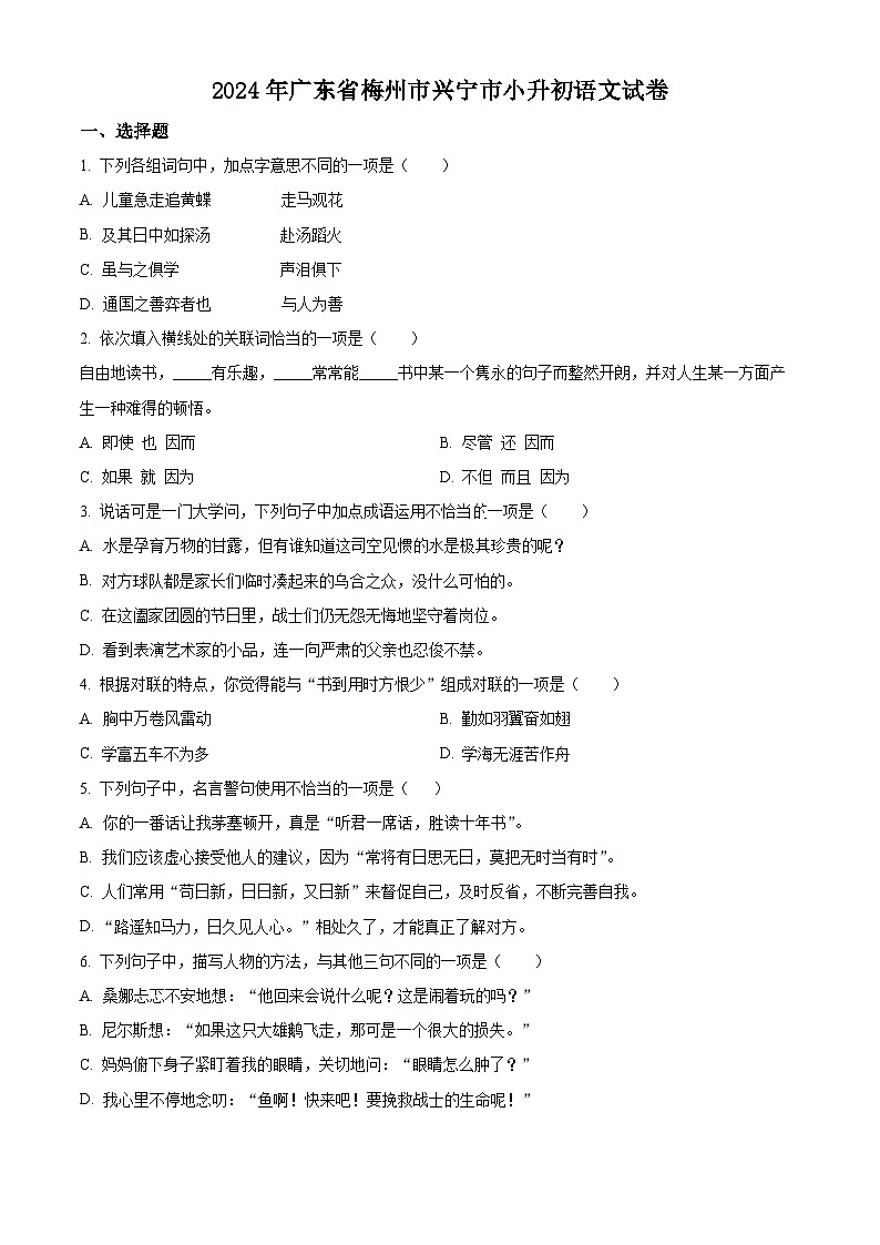 广东省梅州市兴宁市2024年统编版小升初考试语文试卷（原卷版+解析版）01