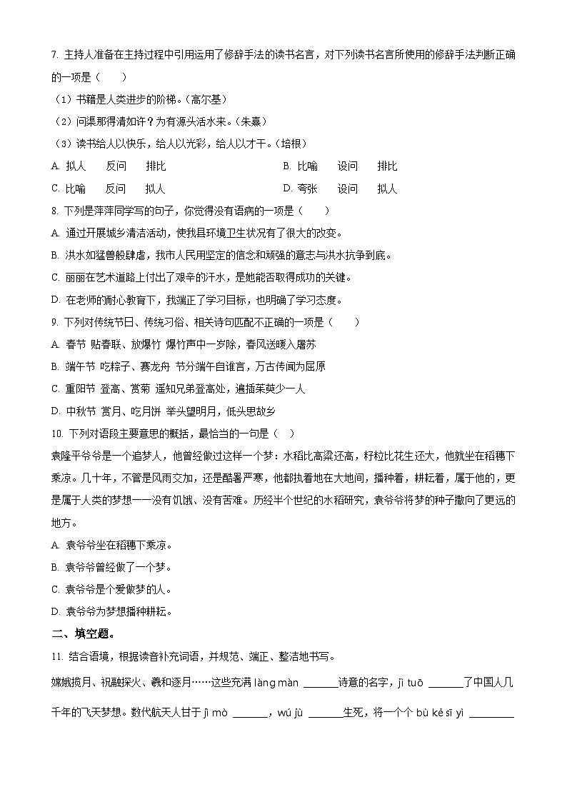 广东省梅州市兴宁市2024年统编版小升初考试语文试卷（原卷版+解析版）02