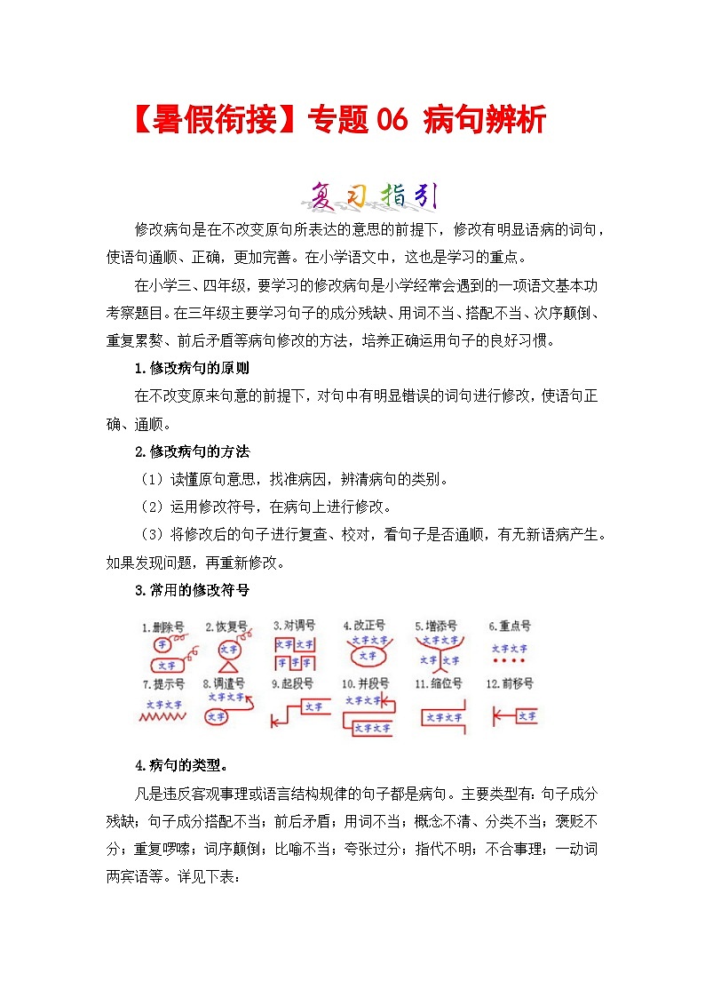【暑假衔接】知识点专题06 病句辨析 （讲义+试题） 三升四年级语文（含答案）部编版01