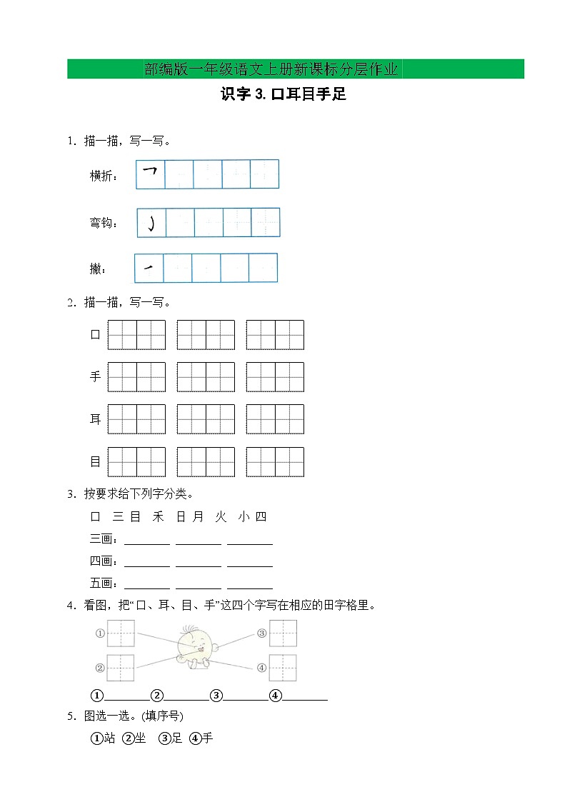 【新课标•任务型】2024秋统编版语文一年级上册-识字3.口耳目手足（课件+教案+学案+习题）01