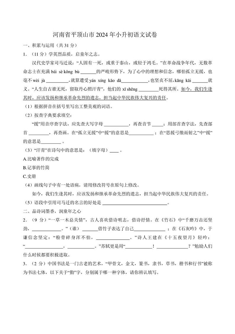 [语文]河南省平顶山市2023～2024学年小升初真题语文试卷(有答案)第1页