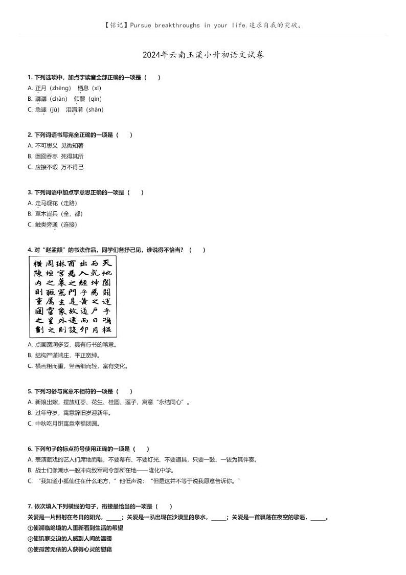[语文]2024年云南玉溪小升初真题语文试卷(原题版+解析版)01