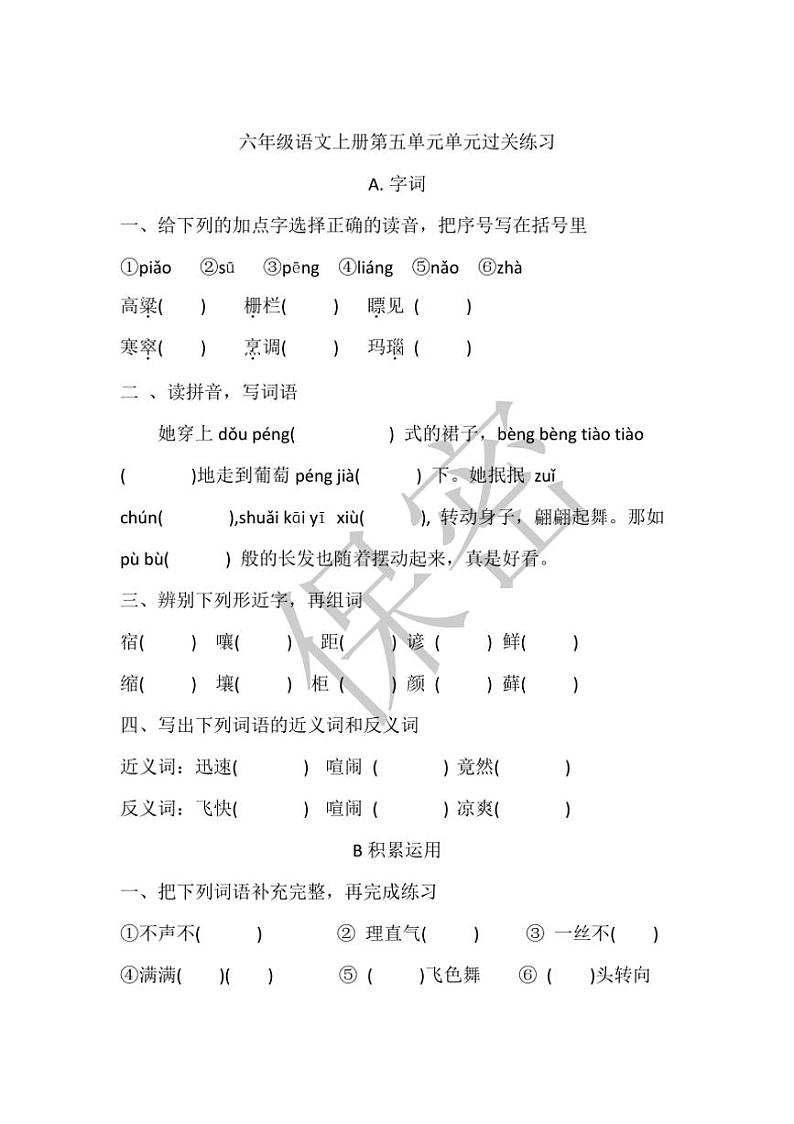 统编版六年级语文上册第5单元单元过关练习（有答案）01