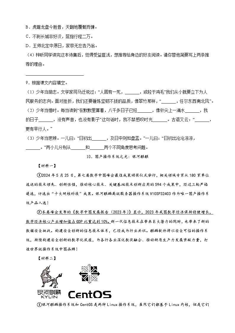 江苏省南京市江宁区2024年统编版小升初考试语文试卷（含答案解析）03