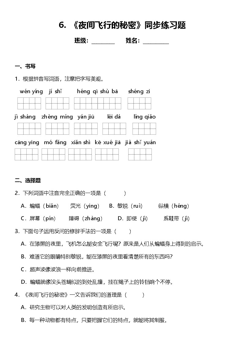 第6课《夜间飞行的秘密》（同步练）  2024-2025学年四年级语文上册（统编版）01