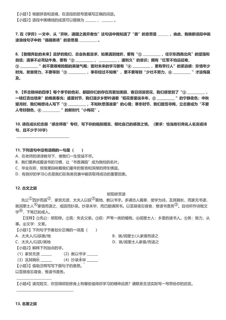 [语文]2023～2024学年山东潍坊寒亭区六年级下学期期末语文试卷(原题版+解析版)02