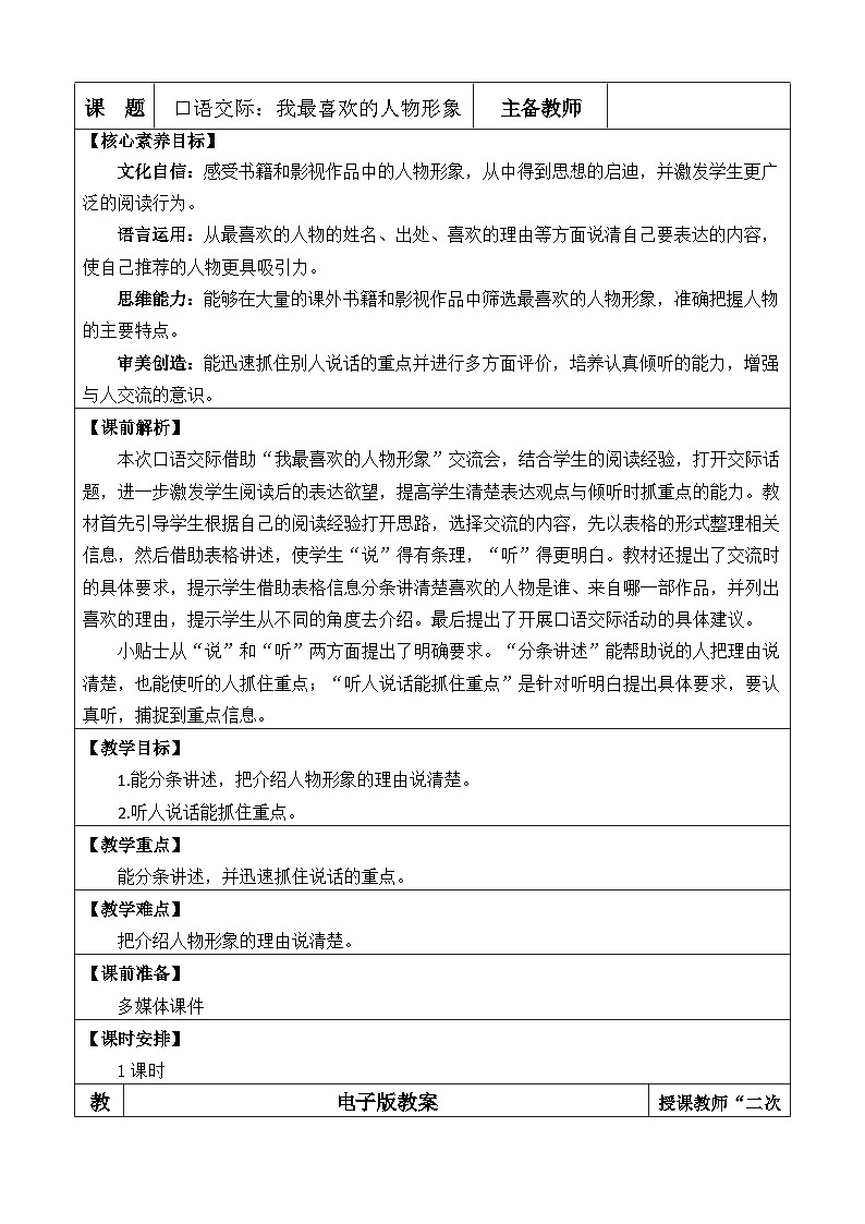 统编版（2024）五年级语文上册口语交际：我最喜欢的人物形象 优质版教案01