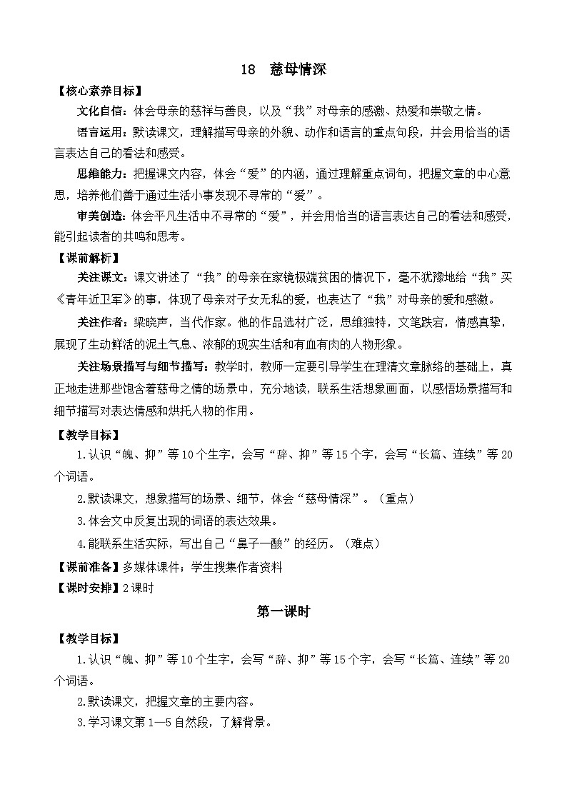 统编版（2024）五年级语文上册18 慈母情深 精华版教案第1页