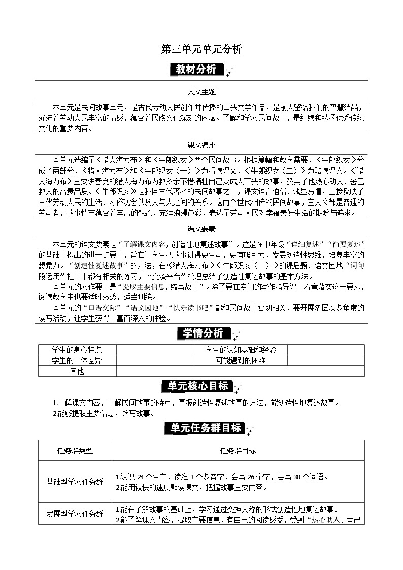 统编版（2024）五年级语文上册第三单元单元分析教案第1页