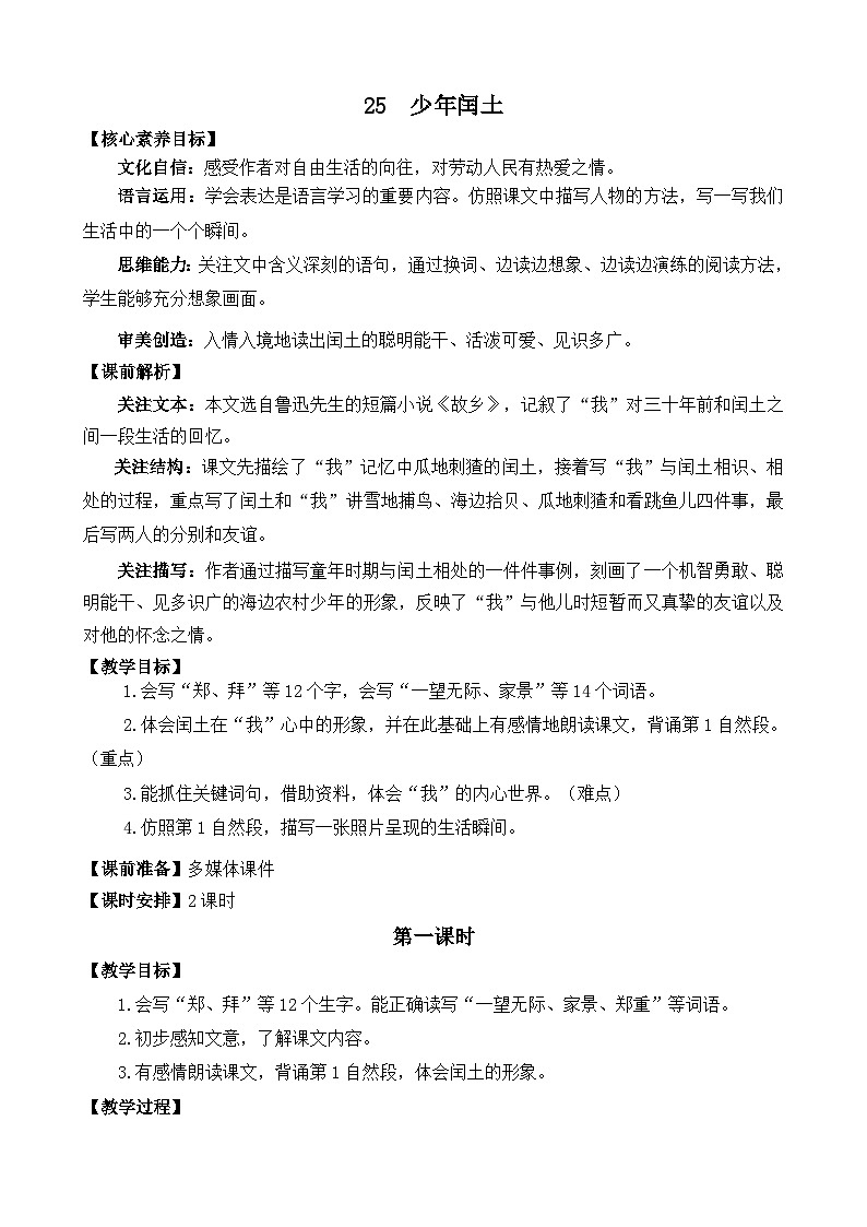 统编版（2024）六年级语文上册25 少年闰土 精华版教案01