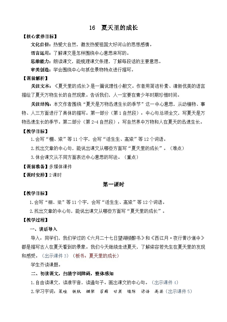 统编版（2024）六年级语文上册16 夏天里的成长 精华版教案01