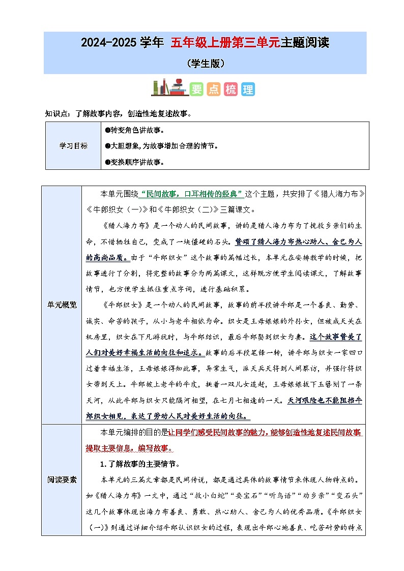 3、五上语文第三单元“民间故事”主题阅读教案【要点梳理+真题演练】学生版 2024-2025学年统编版01