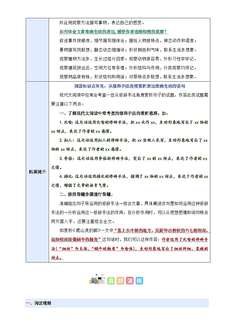 3、四上语文第三单元“连续观察”主题阅读教案【要点梳理+真题演练】教师版 2024-2025学年统编版第2页