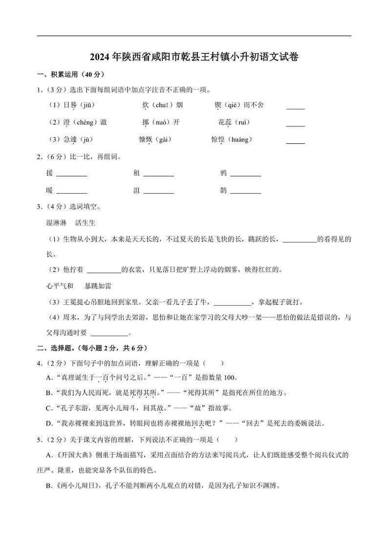 [语文]陕西省咸阳市乾县王村镇2024年小升初真题试卷(有答案)01