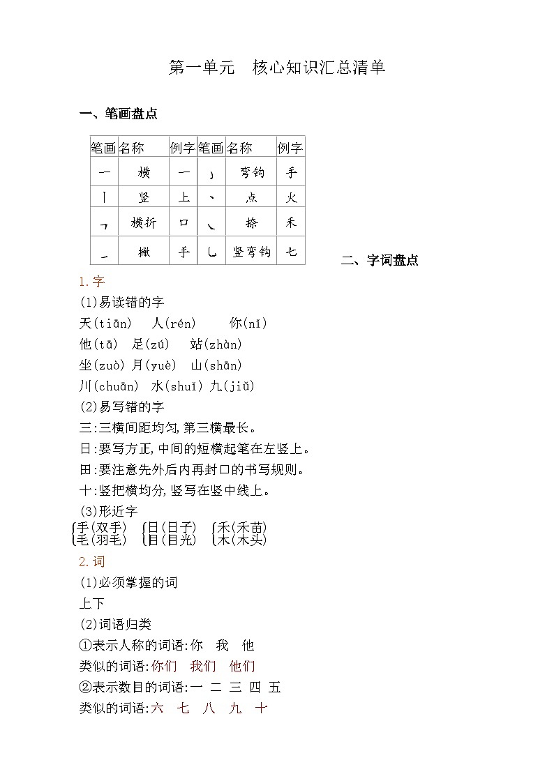 【新课标】统编版2024一年级语文上册全册【第一单元月考】复习备考资料01
