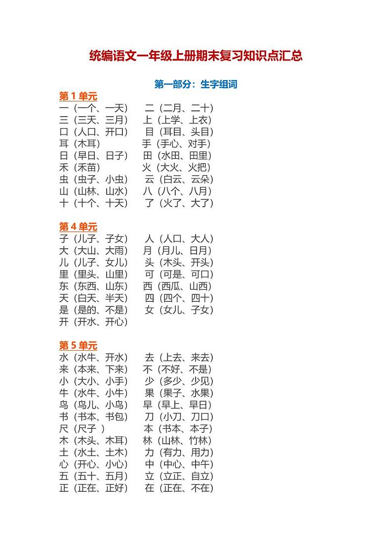 统编语文一年级上册期末复习知识点汇总01