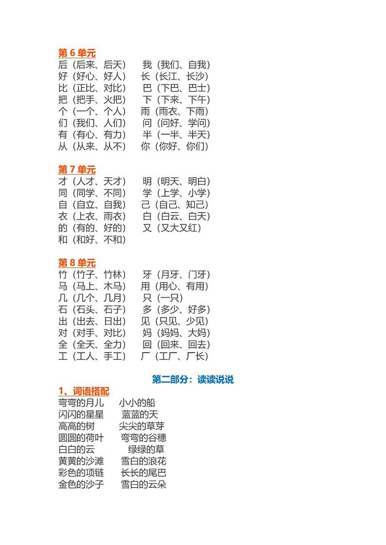 统编语文一年级上册期末复习知识点汇总02