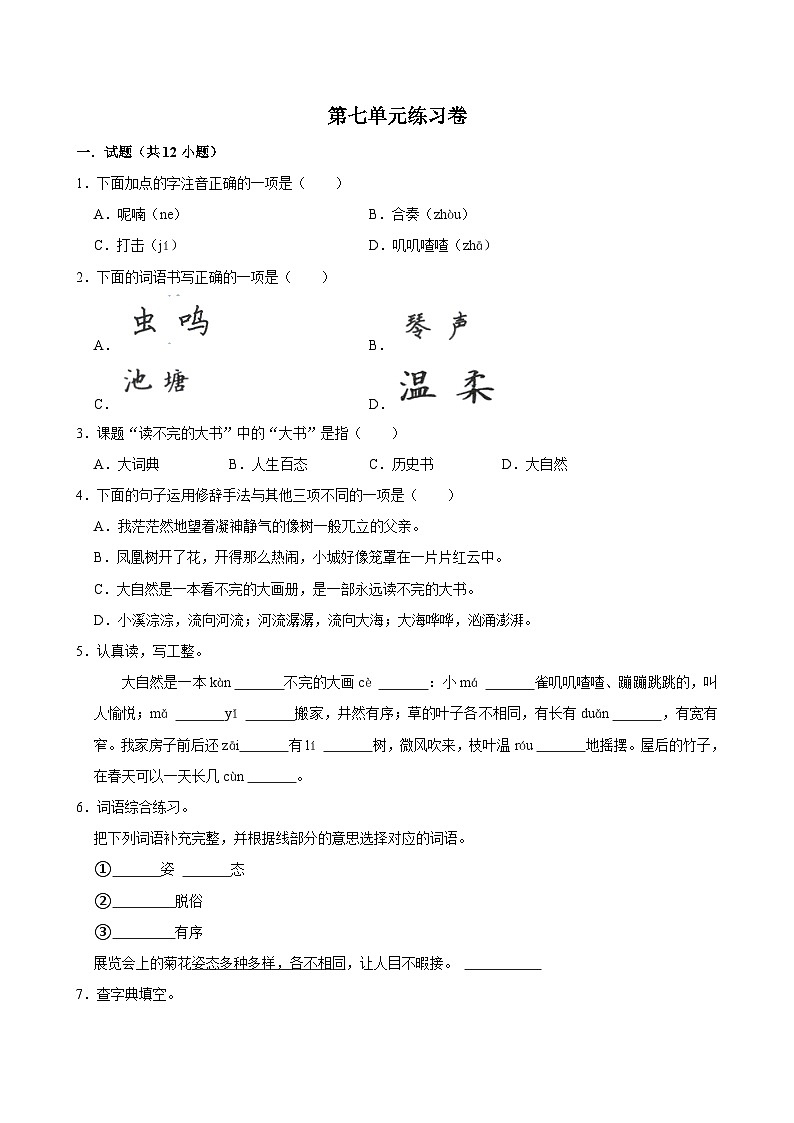 第七单元练习卷 （提高练习）2024-2025学年三年级上册语文统编版01