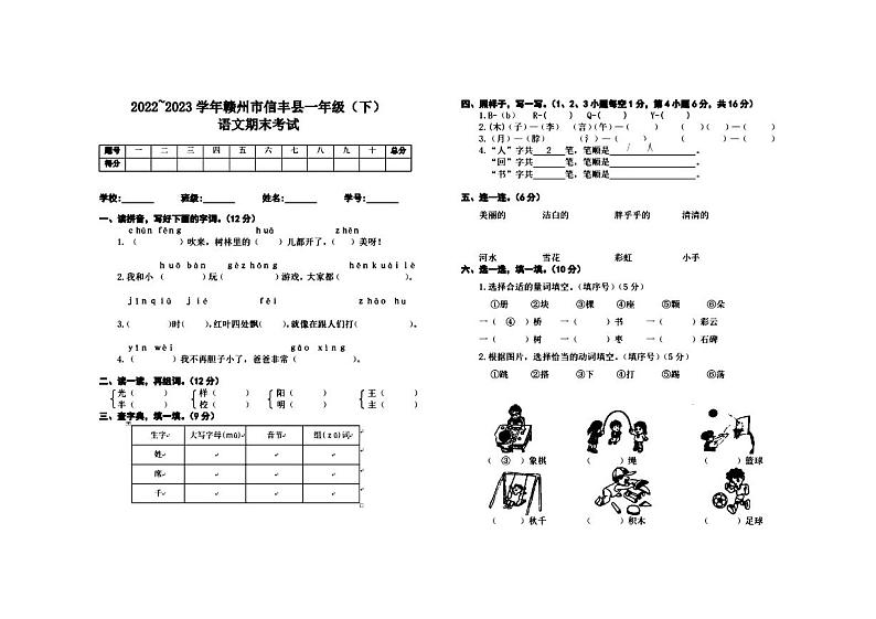江西省赣州市信丰县2022~2023年一年级语文下学期期末考试试卷  图片版第1页