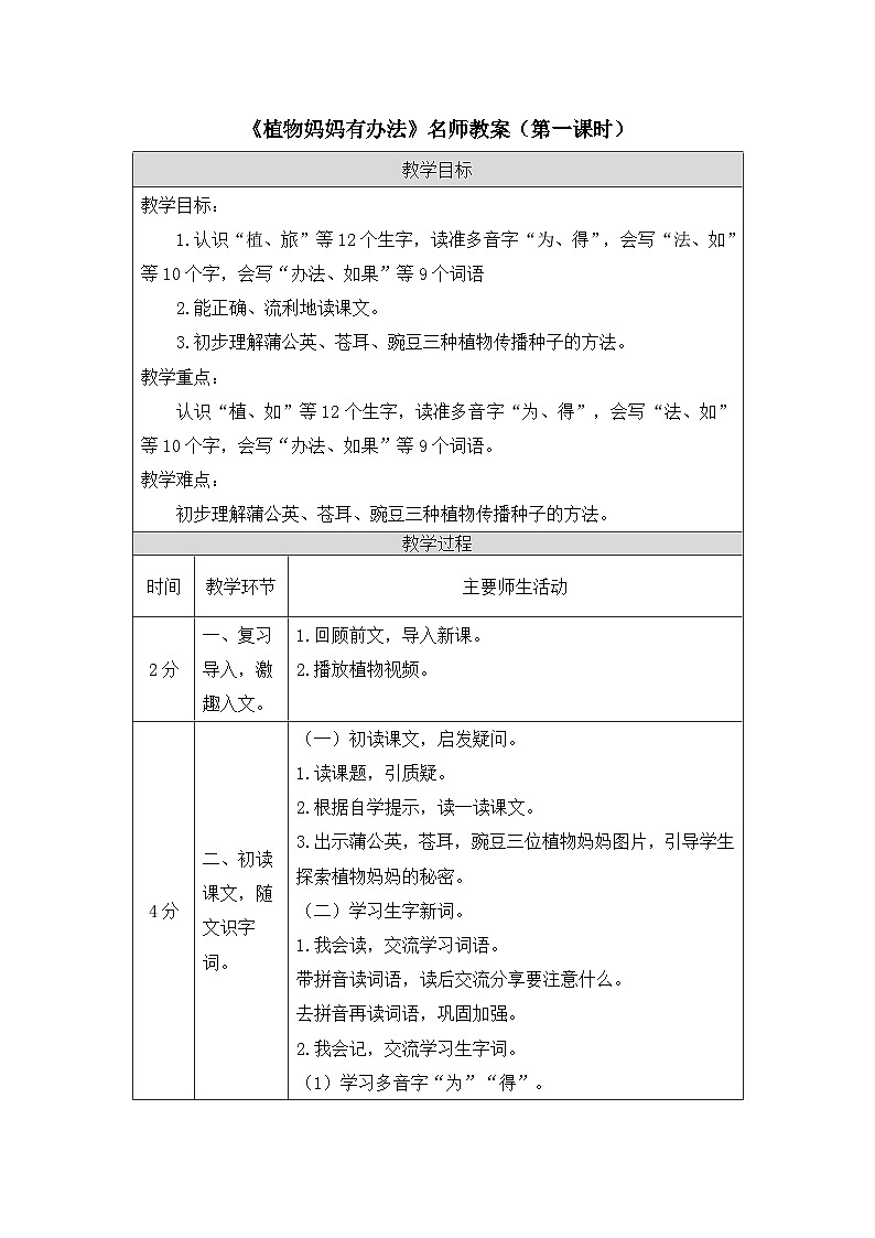 《植物妈妈有办法》精选教案（第一课时）第1页