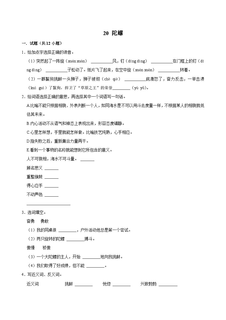 20 陀螺（进阶练习）2024-2025学年四年级上册语文统编版01